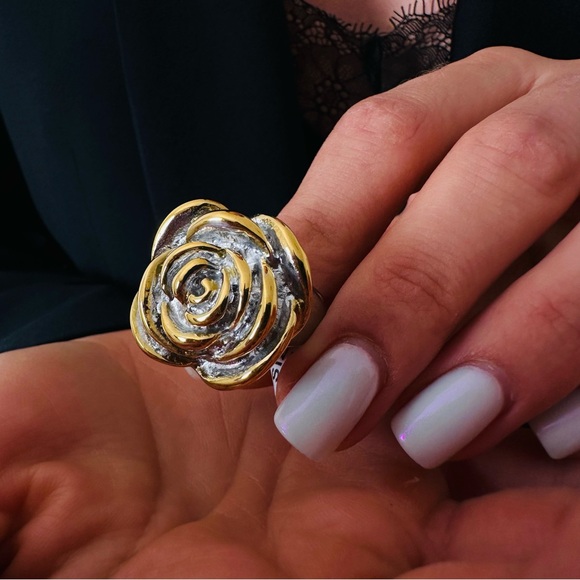 New Gold Plated Ring Flower Silver Boho Statement - Picture 9 of 10